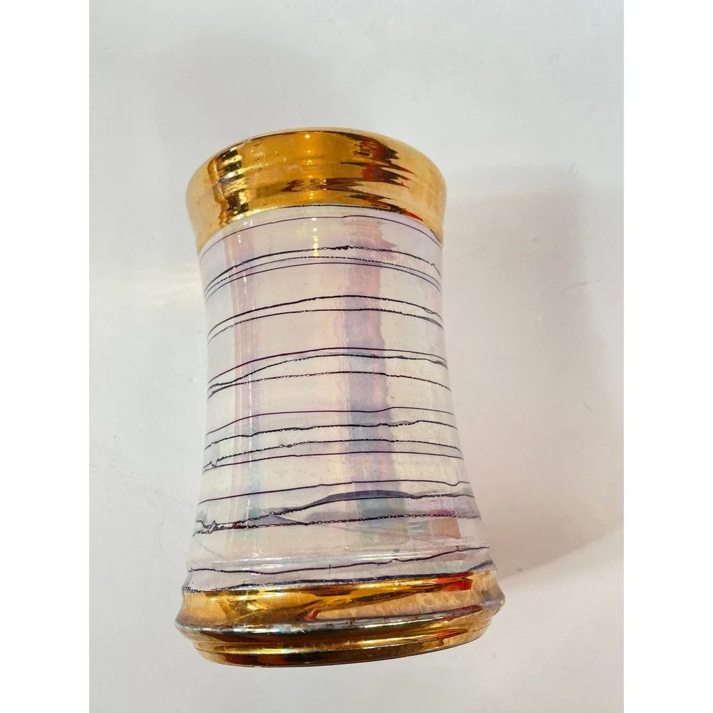 Artisinal Lustreware Ceramic Vase Gold Trim Iridescent‎ Stripe 6